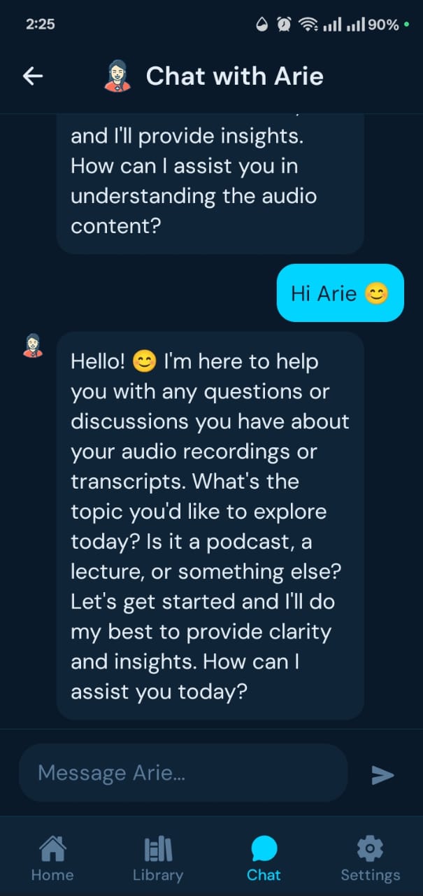 Chat screen showing conversation with Arie, the AI assistant
